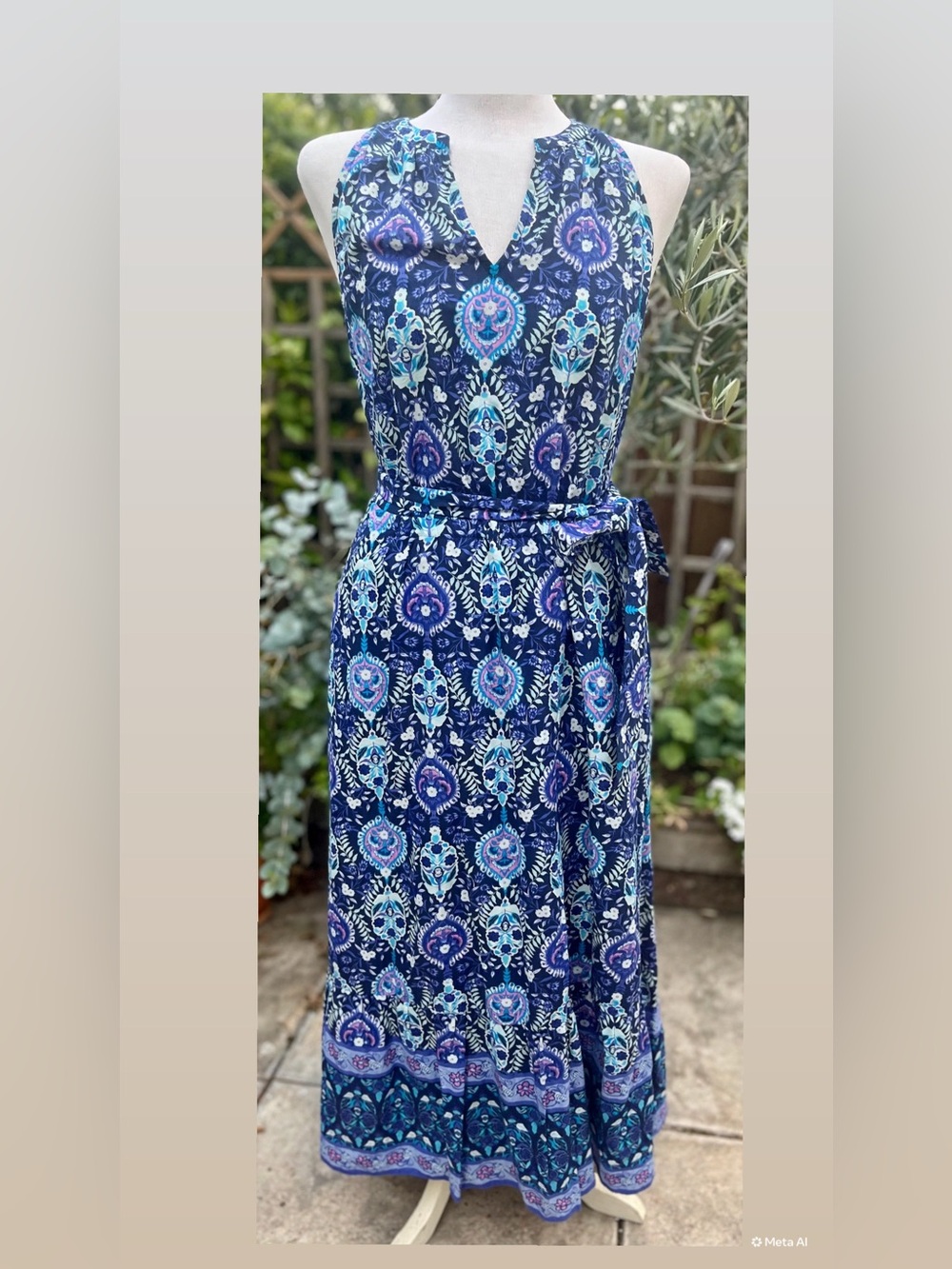 Talbots Navy Blue Paisley Halter Maxi Dress with Teal and Purple Accents